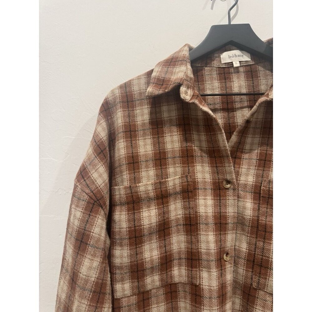 Böhme oversized brown and beige plaid flannel shacket Size Small Brown & White - Picture 3 of 16